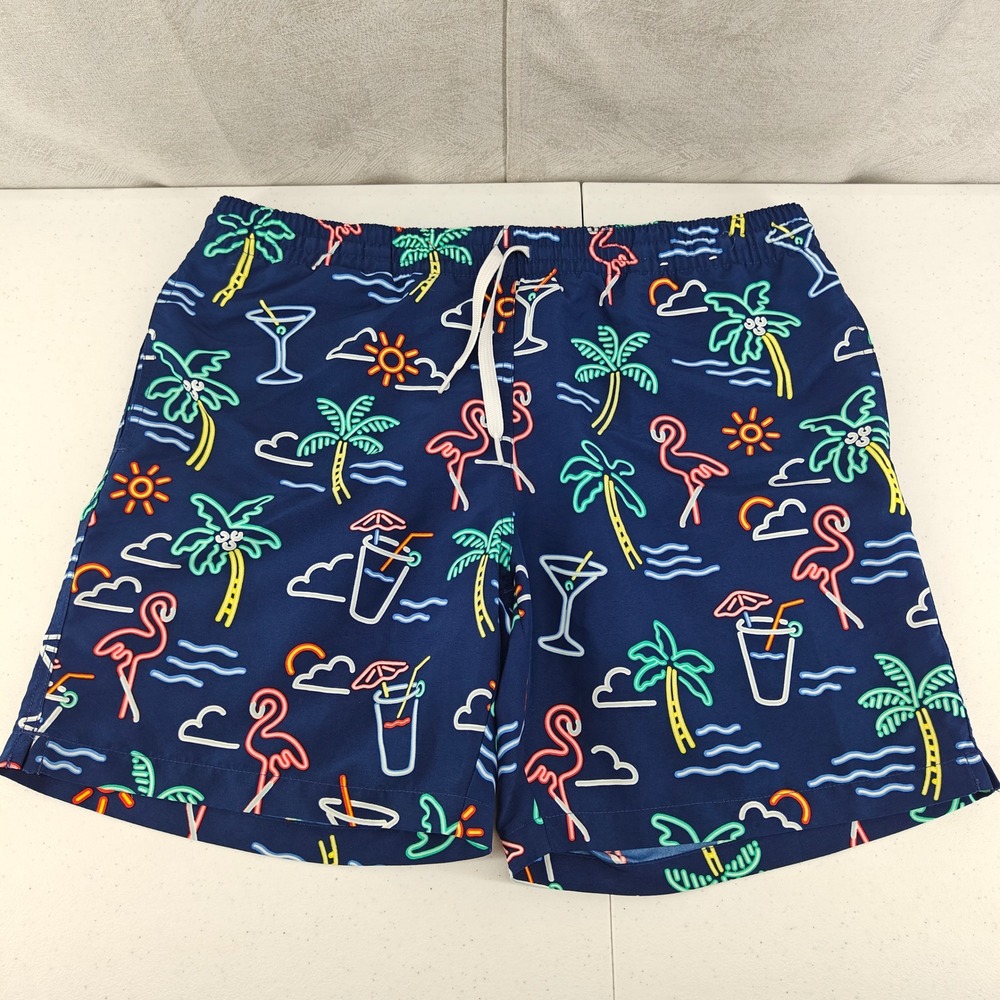 Chubbies Swim Trunks Mens L Blue Neon Flamingo Palm Tree Board Shorts Swimwear